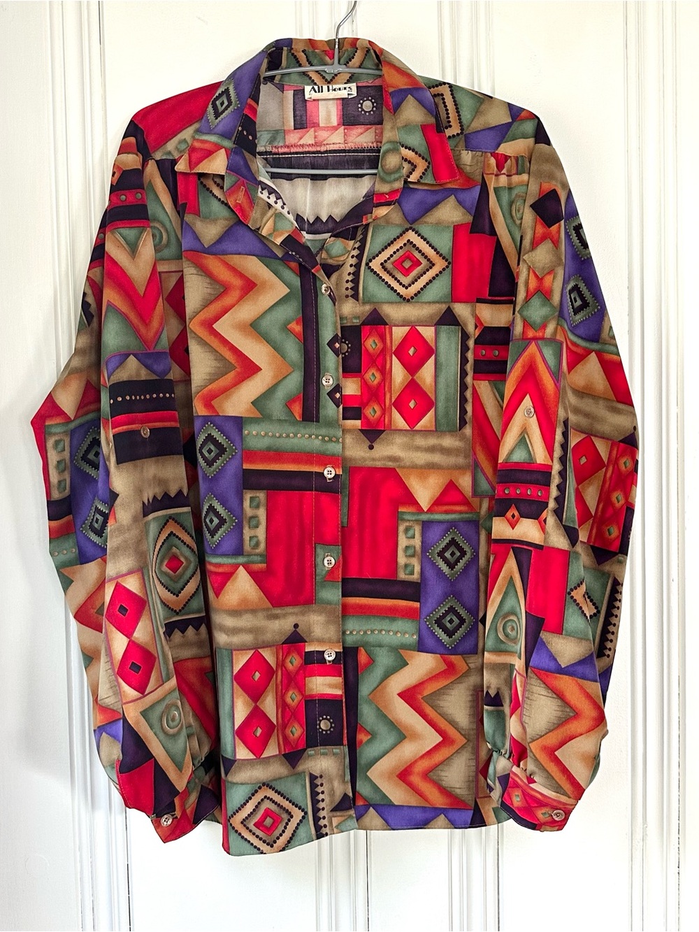 Vintage 80s Geometric Button-Down Shirt, Medium - Multicolor Pattern